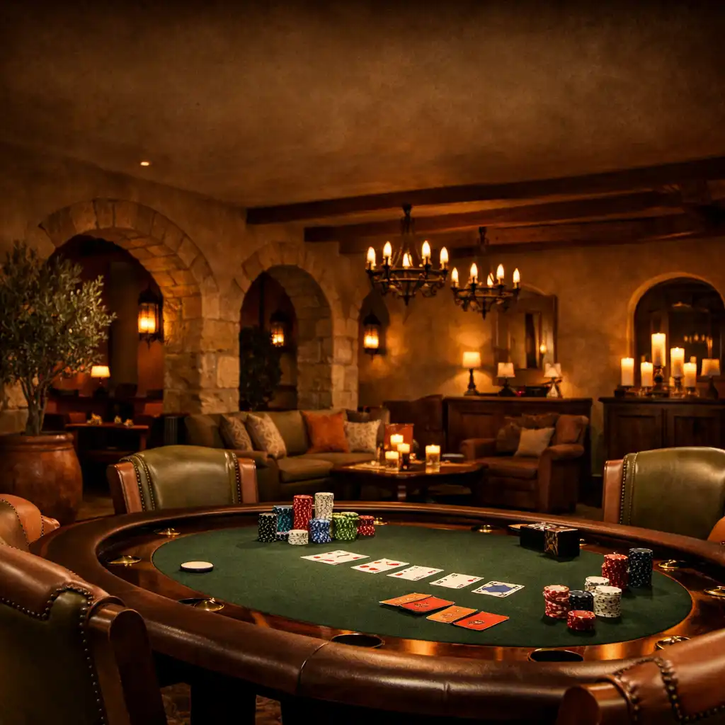 Eleganckie wnętrze Casino Lounge z profesjonalnym stołem do pokera, ciepłym oświetleniem i śródziemnomorskim wystrojem