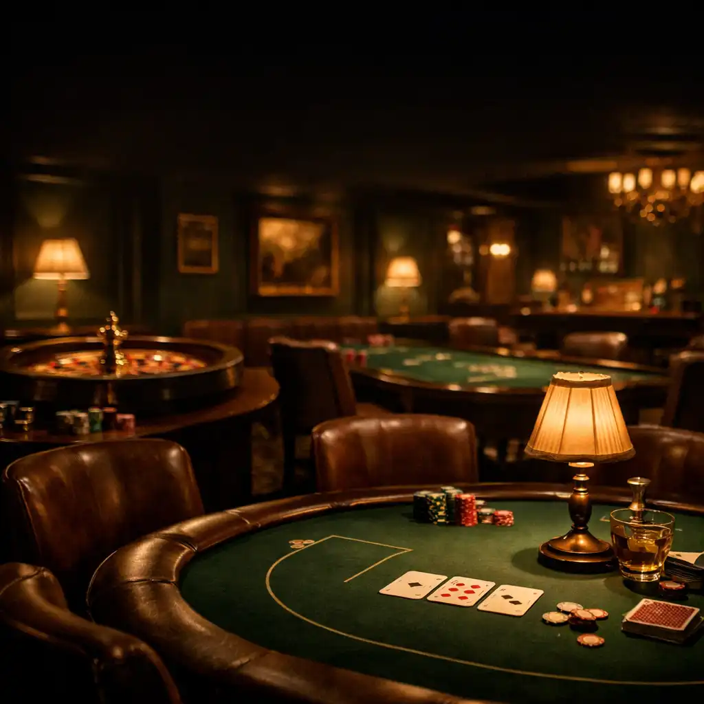 Elegancki salon gier karcianych Brelu Mixa z pokerowym stołem, ciemnozielonymi ścianami i ciepłym oświetleniem