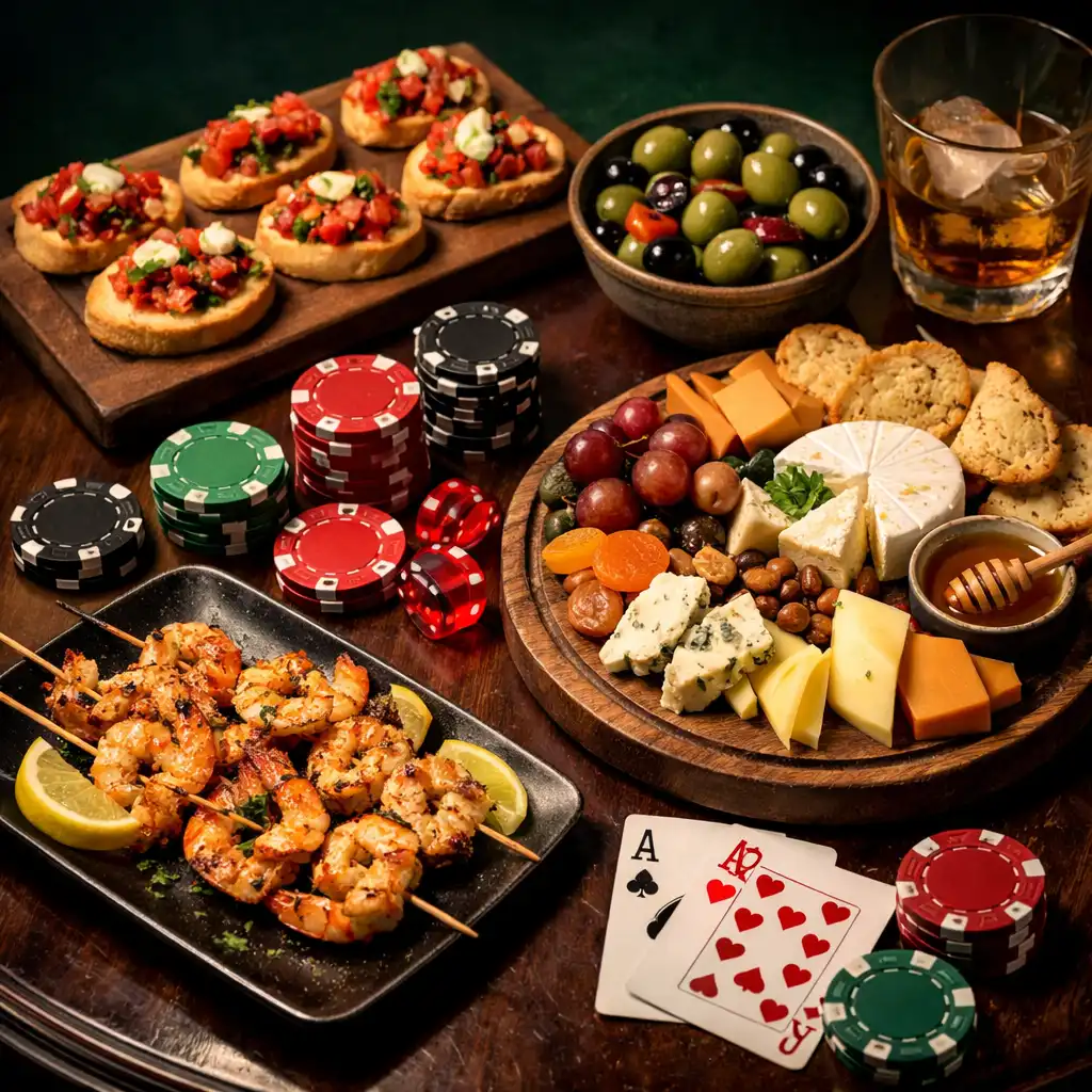 Stół w Casino Lounge z przekąskami, żetonami do pokera i kartami