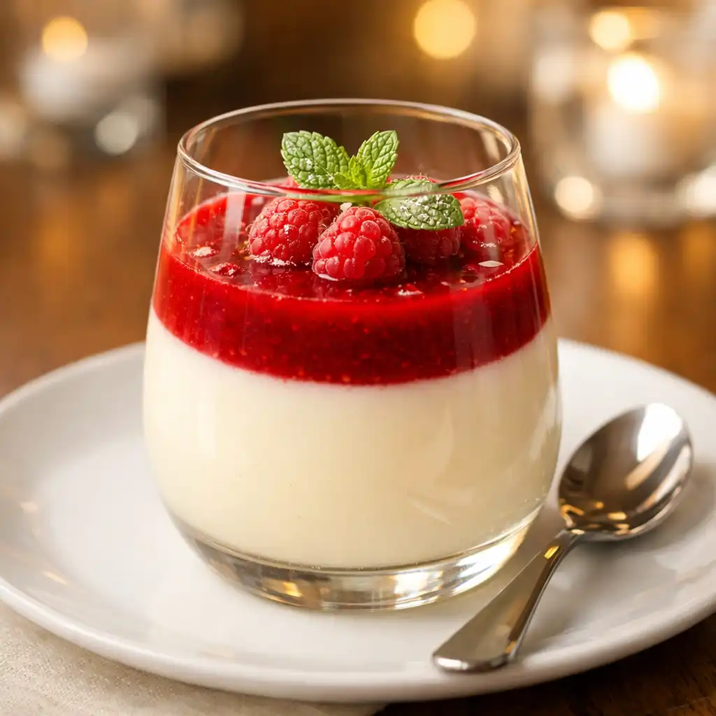 Panna cotta z malinowym coulis i listkiem mięty