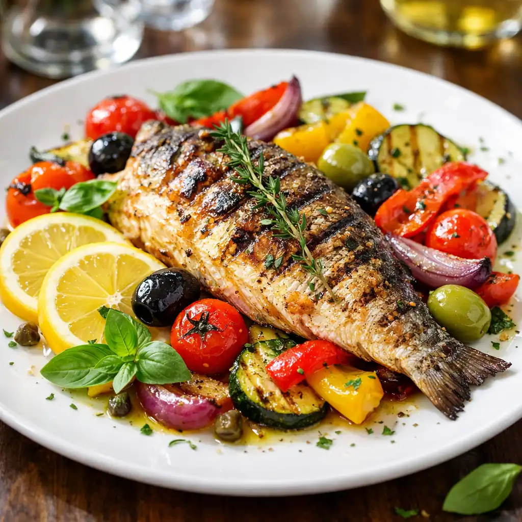 Grillowana ryba z warzywami i oliwkami – przykładowe danie z menu Brelu Mixa
