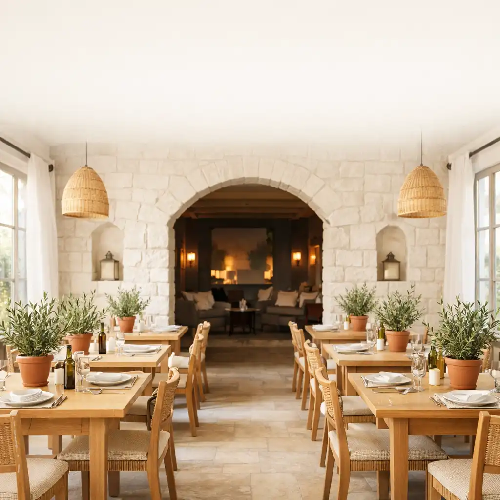 Elegancka sala restauracyjna Brelu Mixa z jasnym, śródziemnomorskim wystrojem i widokiem na część lounge w tle