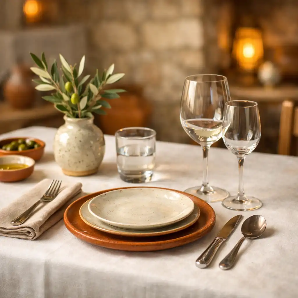 Stół w restauracji Brelu Mixa z białym obrusem, ceramicznymi talerzami i gałązkami oliwek